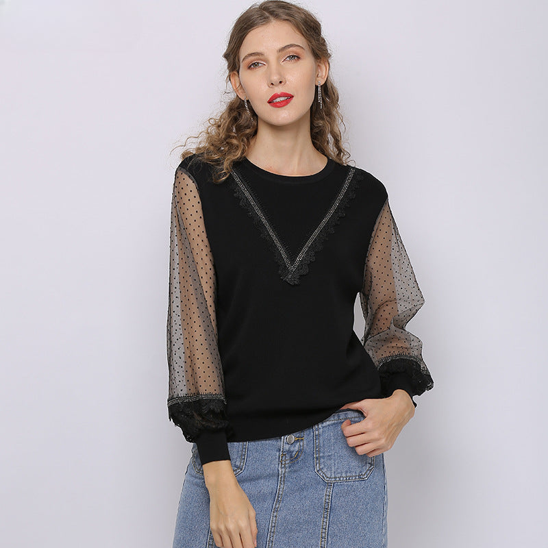 Women Knitwear Spring Knitwear Lace Chiffon Long Sleeve Shirt
