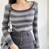 Women Sweater Knitwear Autumn Sexy Square Collar Striped Knitted T-shirt Long Sleeve Sweater
