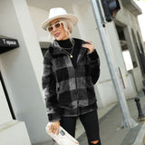 Women Trench Coat Women's Autumn and Winter Clothing Long Sleeve Stand Collar Plaid Printed Long Zipper Double-Sided Plush Coat