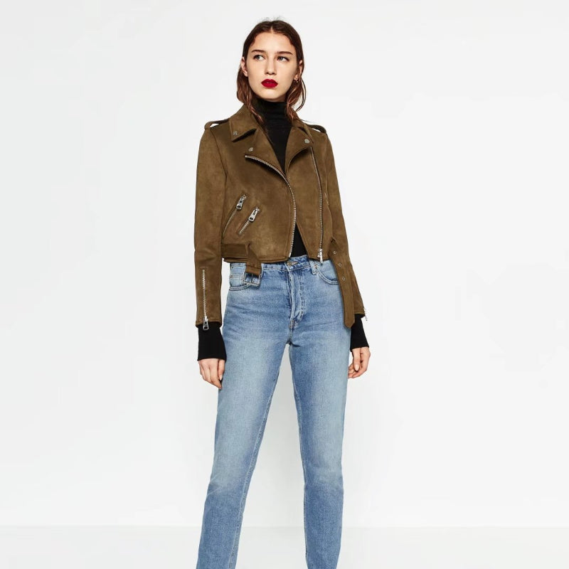 Women Leather Jacket Fall Lapels Zipper Motorcycle Short Leather Jacket Female Deerskin Leather Jacket