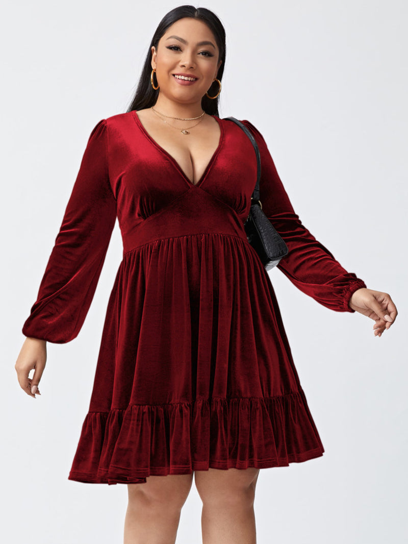 Women Dress Autumn and Winter V-neck Long Sleeve Sexy Velvet Dress