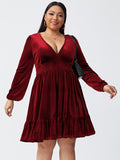 Women Dress Autumn and Winter V-neck Long Sleeve Sexy Velvet Dress