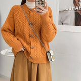 Women Knitted Cardigan Autumn and Winter Twist Knitted Cardigan round Neck Loose Sweater