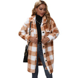 Women Trench Coat Autumn Lapel Long Sleeve Loose Plaid Single Breasted Long Plush Casual Coat