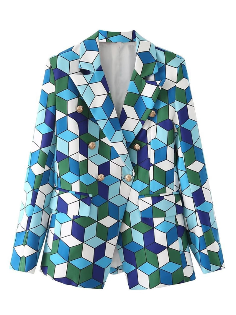 Women Suits Loose Geometric Print Blazer