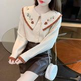 Women Knitwear Spring and Autumn Retro Peter Pan Collar Embroidered Sweater Loose Knitted Cardigan