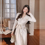 Women Maxi Dress Autumn and Winter Long Woolen Skirt V-neck Knitted Dress