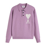 Ami araunriflove polo collar lapel wool sweater long sleeves couple fall and winterembroiderknitting shirt