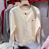 Women Knitted Cardigan Spring Cardigan Coat round Neck Love Embroidered Knitwear Top