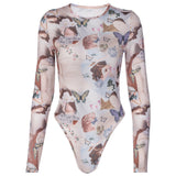 Women Jumpsuit Summer Butterfly Print round Neck Long Sleeve Jumpsuit