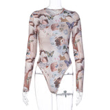 Women Jumpsuit Summer Butterfly Print round Neck Long Sleeve Jumpsuit