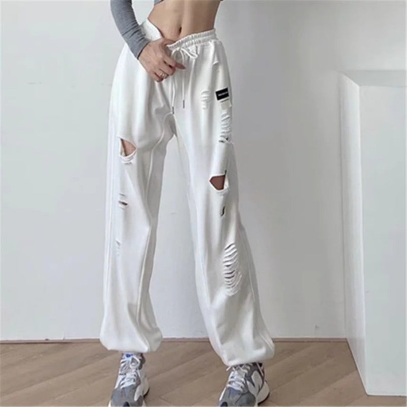 Women Sweatpants Ripped Leisure Sports Pants Loose Close up Ankle-Tied Sweatpants