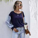 Women Knitted Sweater Autumn Stitching Crew Neck Knitted Long Sleeve Sweater