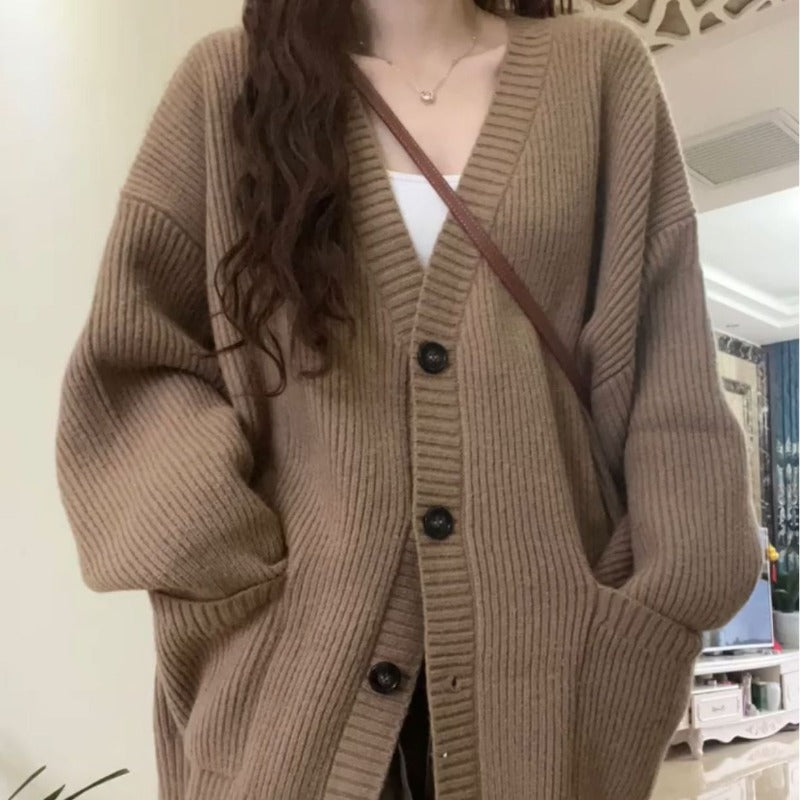 Women Knitted Cardigan V-neck Cardigan Simple Sweater Casual Loose Knitted Coat