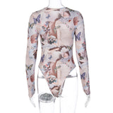 Women Jumpsuit Summer Butterfly Print round Neck Long Sleeve Jumpsuit