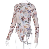 Women Jumpsuit Summer Butterfly Print round Neck Long Sleeve Jumpsuit