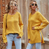 Women Knited Sweater Autumn Crew Neck Solid Color Twisted Flower Slit Knitted