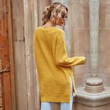 Women Knited Sweater Autumn Crew Neck Solid Color Twisted Flower Slit Knitted