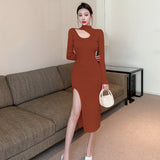 Women Maxi Dress Autumn Winter Sexy Hollow-out Hip Skirt