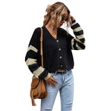 Women Knitted Sweater Fall V-neck Color Block Knitted Striped Sweater Short Coat