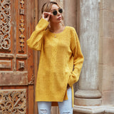 Women Knited Sweater Autumn Crew Neck Solid Color Twisted Flower Slit Knitted