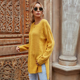 Women Knited Sweater Autumn Crew Neck Solid Color Twisted Flower Slit Knitted