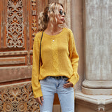 Women Knited Sweater Autumn Crew Neck Solid Color Twisted Flower Slit Knitted