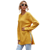 Women Knited Sweater Autumn Crew Neck Solid Color Twisted Flower Slit Knitted