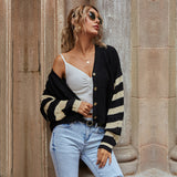 Women Knitted Sweater Fall V-neck Color Block Knitted Striped Sweater Short Coat