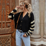 Women Knitted Sweater Fall V-neck Color Block Knitted Striped Sweater Short Coat