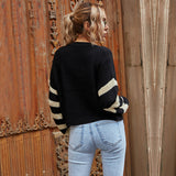 Women Knitted Sweater Fall V-neck Color Block Knitted Striped Sweater Short Coat