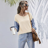 Women Knitted Sweater Autumn Stitching Crew Neck Knitted Long Sleeve Sweater