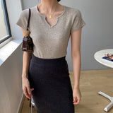 Women Knitted T-shirt Autumn Short Sleeve Summer V-neck Top Short T-shirt