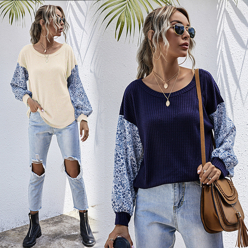 Women Knitted Sweater Autumn Stitching Crew Neck Knitted Long Sleeve Sweater