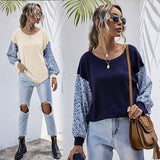 Women Knitted Sweater Autumn Stitching Crew Neck Knitted Long Sleeve Sweater