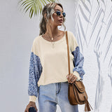 Women Knitted Sweater Autumn Stitching Crew Neck Knitted Long Sleeve Sweater