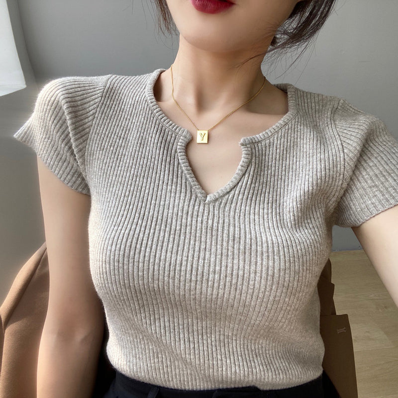 Women Knitted T-shirt Autumn Short Sleeve Summer V-neck Top Short T-shirt