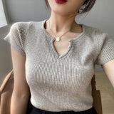 Women Knitted T-shirt Autumn Short Sleeve Summer V-neck Top Short T-shirt