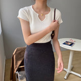 Women Knitted T-shirt Autumn Short Sleeve Summer V-neck Top Short T-shirt