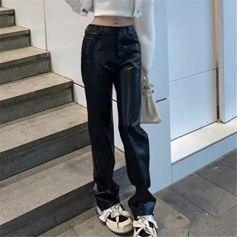 Women Sweatpants Straight PU Leather Pants Spring Hip Hop Casual Pants