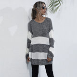 Women Knitted Sweater Striped Color Matching Sweater Sweater Women's Mid-Length