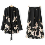 Women Suits Crane Print Blazer Culottes Wide Leg Pants Suit