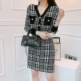 Women Maxi Dress Spring and Autumn V-neck Houndstooth Long Sleeve Knitted Dress