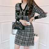 Women Maxi Dress Spring and Autumn V-neck Houndstooth Long Sleeve Knitted Dress