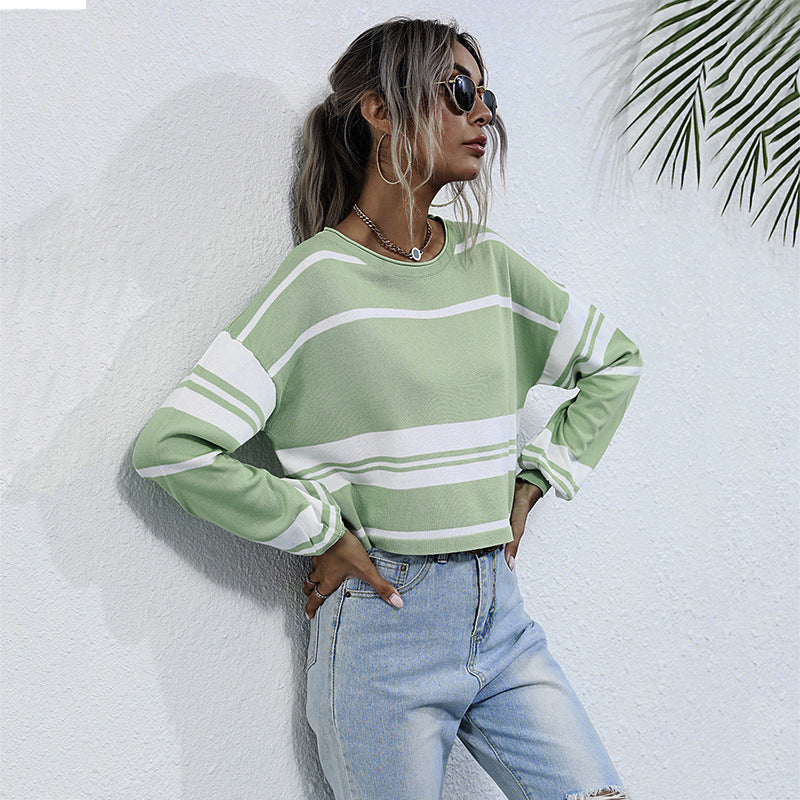 Women Knitted Sweater Autumn Long Sleeve Knitted Short Green Stripes