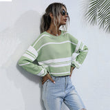 Women Knitted Sweater Autumn Long Sleeve Knitted Short Green Stripes