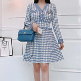 Women Maxi Dress Spring and Autumn V-neck Houndstooth Long Sleeve Knitted Dress