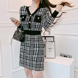 Women Maxi Dress Spring and Autumn V-neck Houndstooth Long Sleeve Knitted Dress