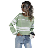 Women Knitted Sweater Autumn Long Sleeve Knitted Short Green Stripes