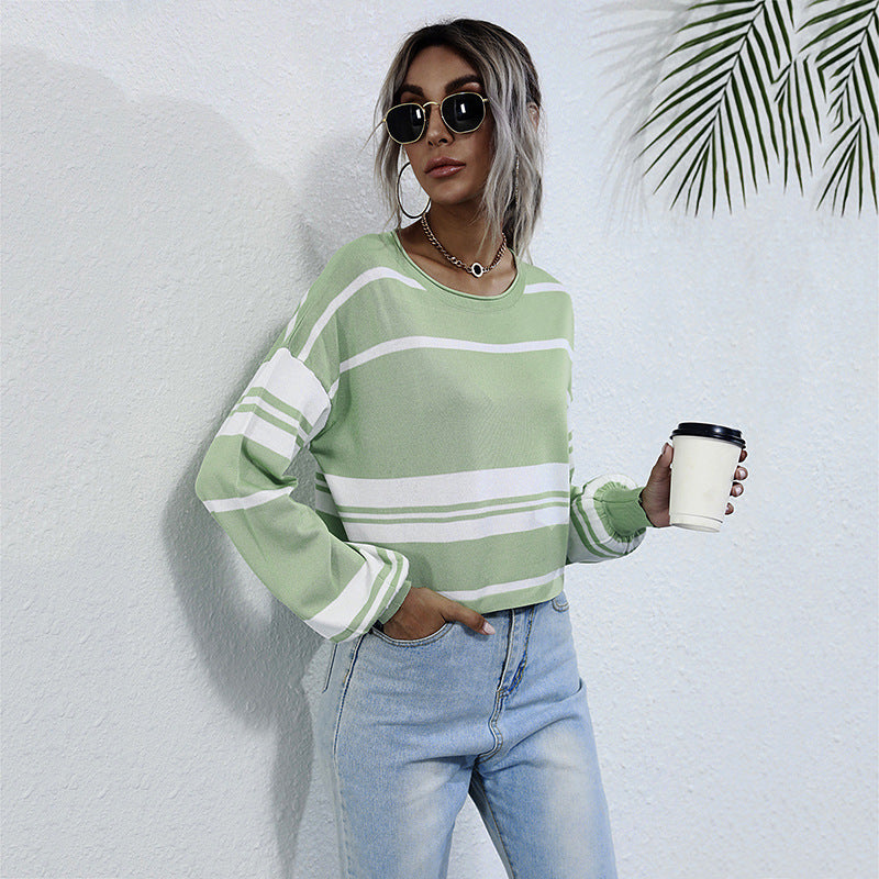 Women Knitted Sweater Autumn Long Sleeve Knitted Short Green Stripes
